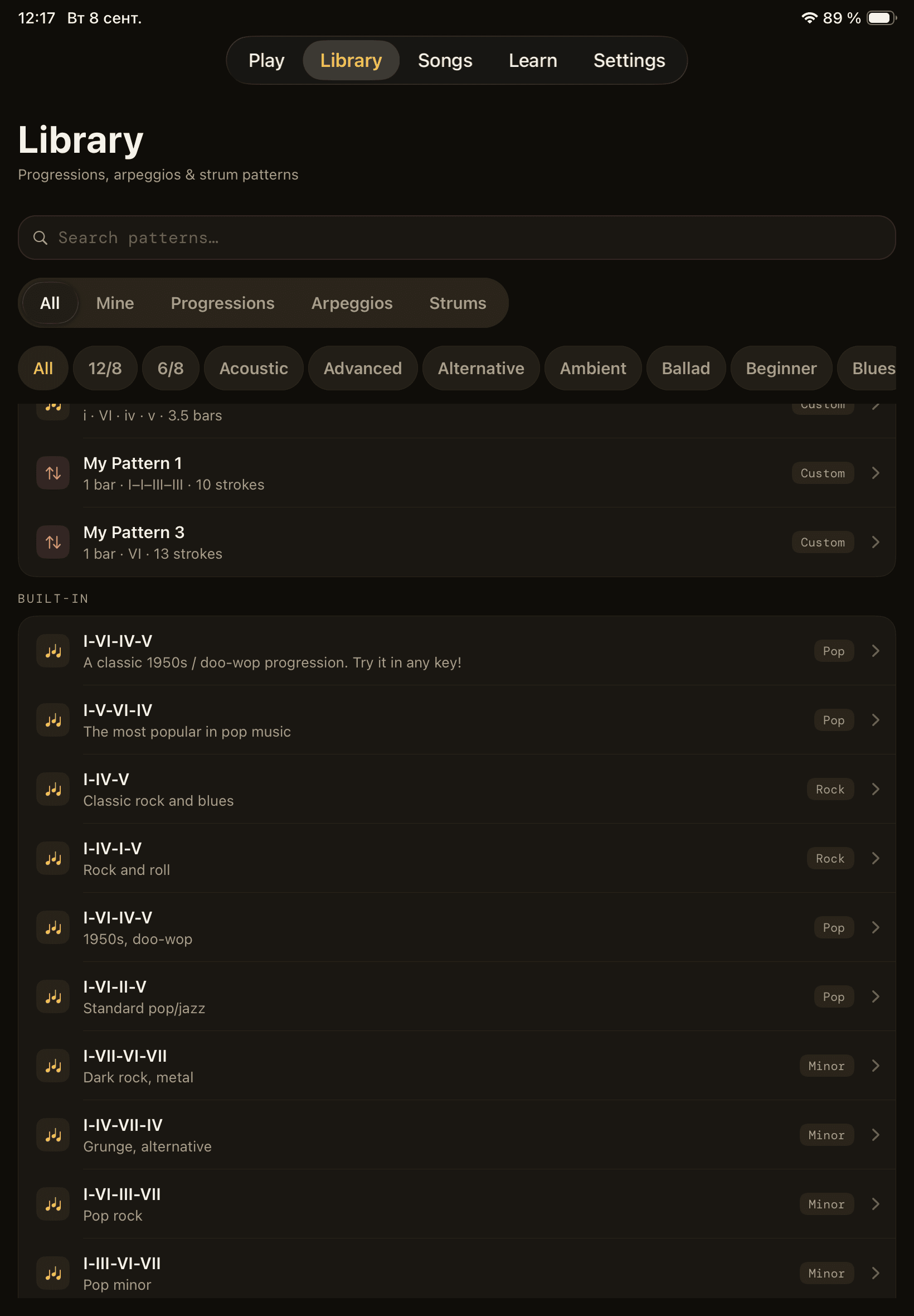 Fretride on iPad — Pattern Library